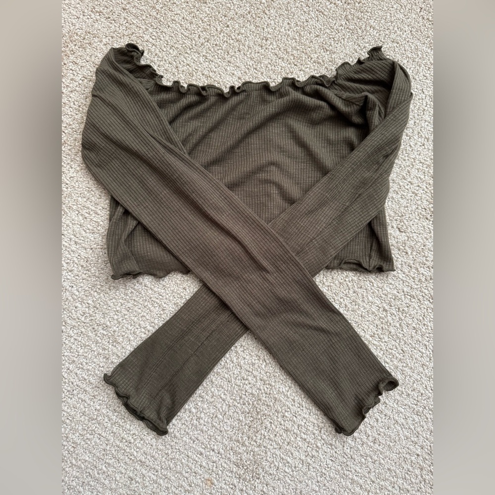 Garage Olive Ribbed Off-Shoulder Top